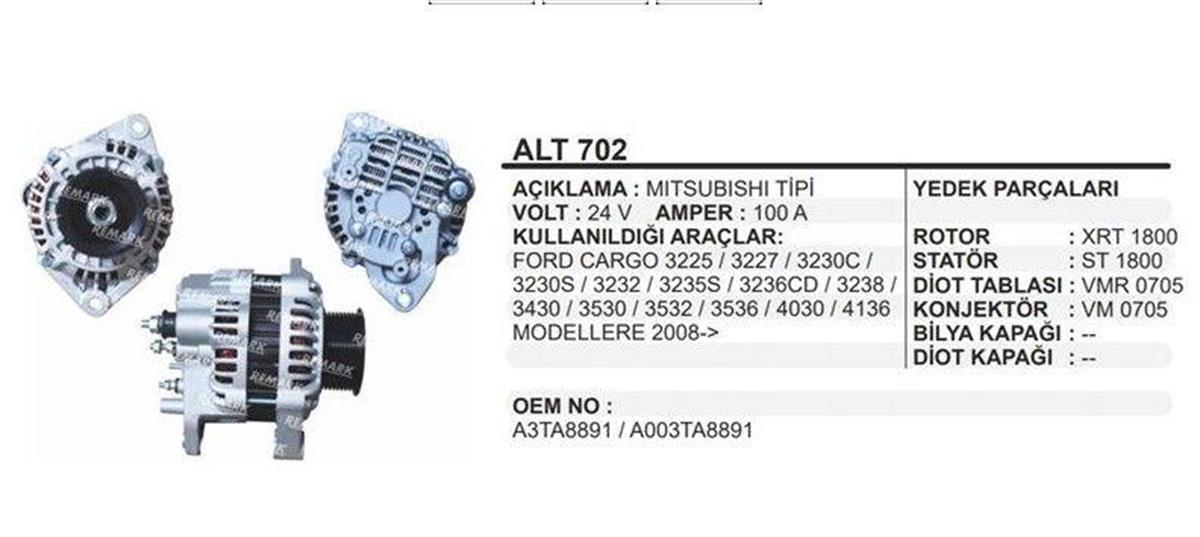 Alternatör 24V 80Ah 8Pk Ford Cargo Otosan 3225 3227 Mıtsubısh | Wınwın Alt702