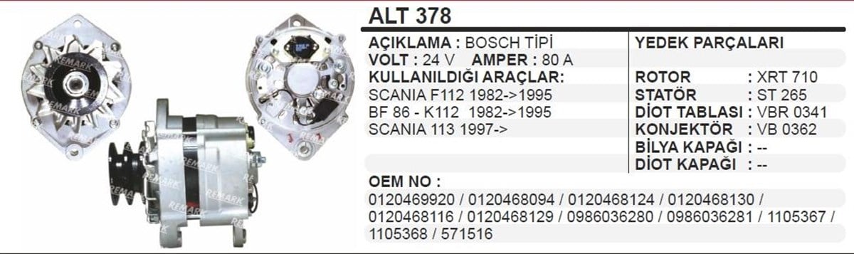 Alternatör 24V 80Ah Scanıa Iveco İveco Scanıa F112 K112 Alt378