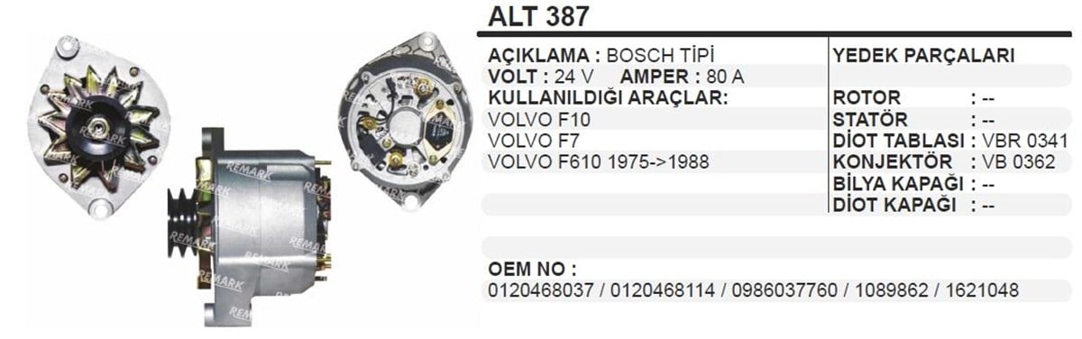 Alternatör 24V 80Ah Volvo Iveco Kamyon Alt387