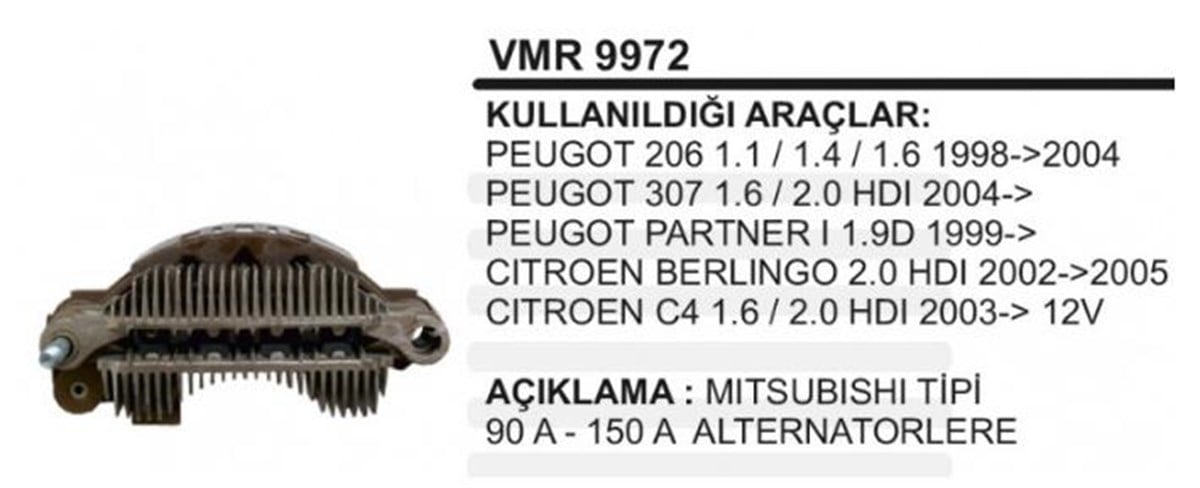Diyot Tablası 100Mm 150A Peugeot 206/307/Partner/Berlıngo/C4 Kapasıtorsuz Ikazlı