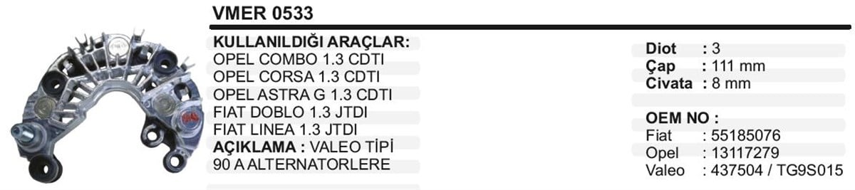Diyot Tablası 90Ah Opel Albea Doblo 1,3 Mer533