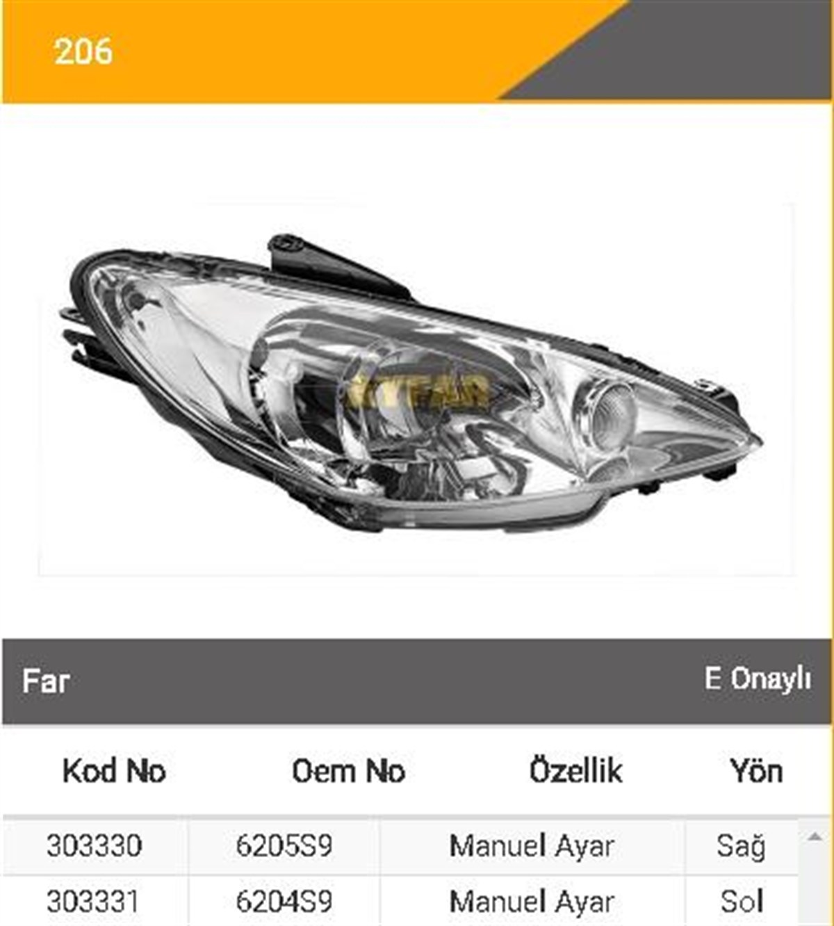 FAR PEUGEOT 206 SAĞ......................AYF303330