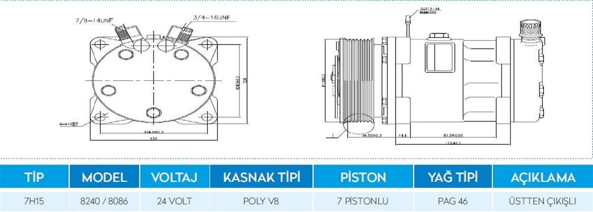 KLİMA KOMPRESÖRÜ 24V 7H15 TRİGER KAYIŞ ÜSTEN