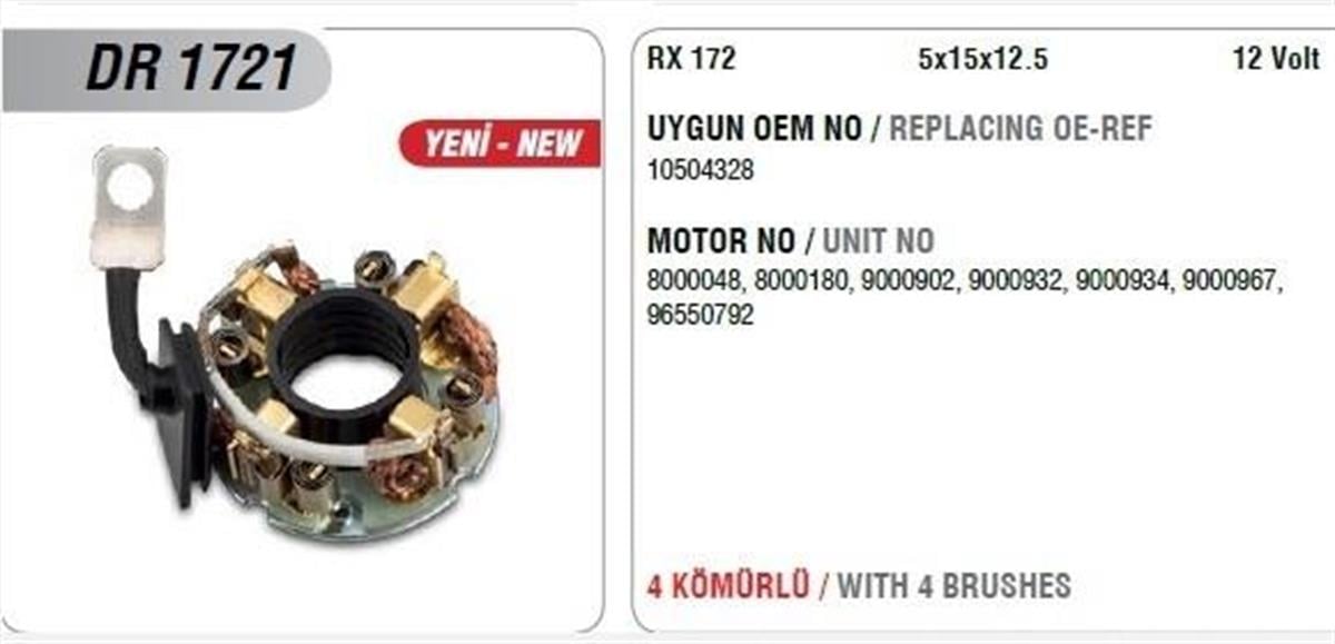 Kömür Yuvası 12V Opel Astra Chevrolet Aveo Lacettı Kaleos Ym Delco Tip Rx172 | Mega Dr1721