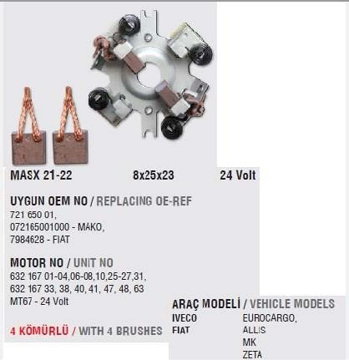 Kömür Yuvası 24V 8X25x23 Iveco Eurocargo Fıat Dodge As 26200 Ford Cargo 001 | Mega Ma1221