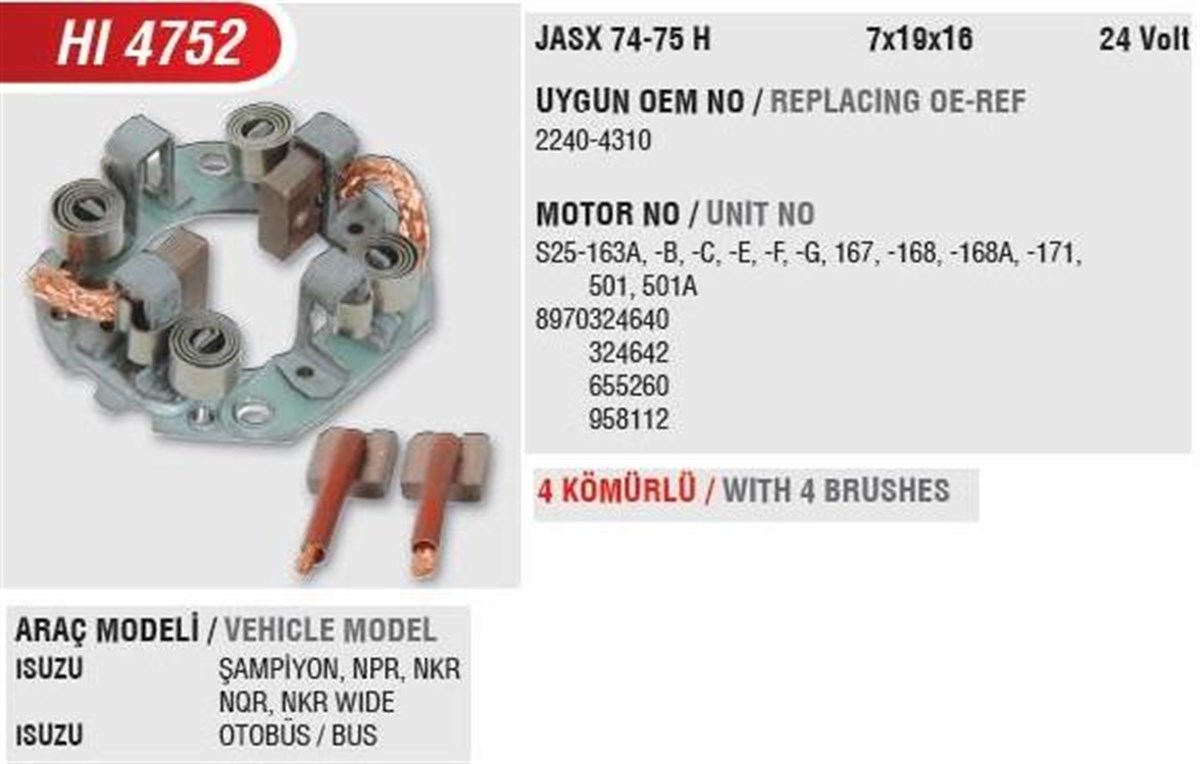Kömür Yuvası 24V Isuzu Champıon Marş İçin Bhh6012