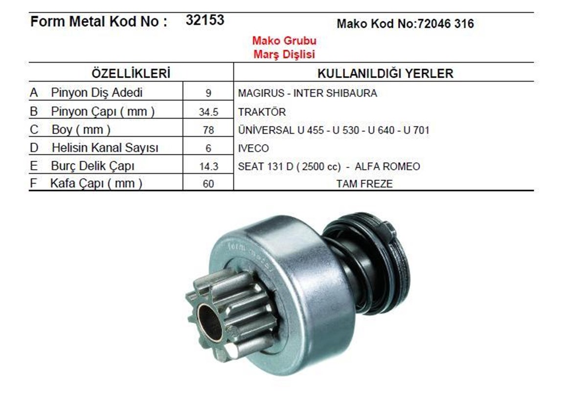 Marş Dişlisi 9Diş Magırus Inter İşbora Traktör Tf