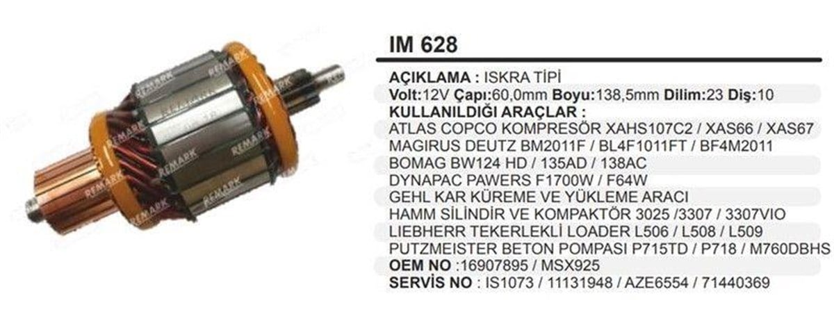 Marş Kollektörü 12V 10Diş Iskra Tip Deutz Ag Atlas Copco Atlas Copco Deutz Jenerator Kar Küreme Beton Pompa Jeneratör