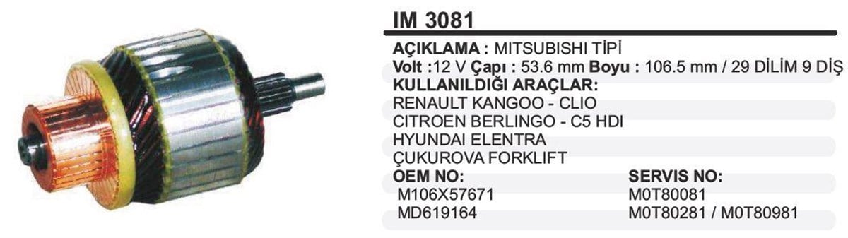 Marş Kollektörü 12V 9Diş Mıtsubıshı Tıpı Renault Kangoo Clio Cıtroen Berlıngo Hdı Cukurova Forklift (M106t57671 M106x57671)
