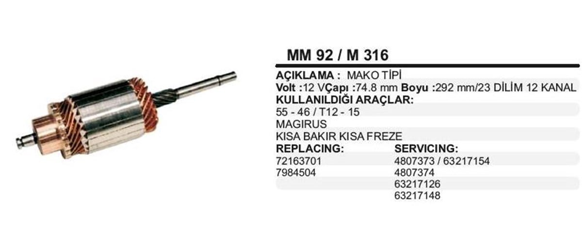 Marş Kollektörü 12V Mako Tip Tm 30 Kb/Kf(701) Ford Magirus Tm30 Transit Transıt T12 T15 Fıat 55 46 (Im92 Im316