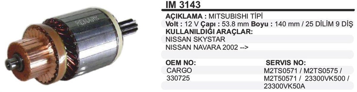 Marş Kollektörü 12V Mits Nissan Skystar Navara 54*140*9 25 Dil