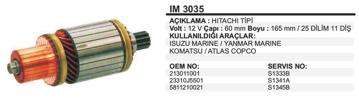 Marş Kollektörü 12V Nissan Yanmar Komatsu Atlas Copco 60X165x11