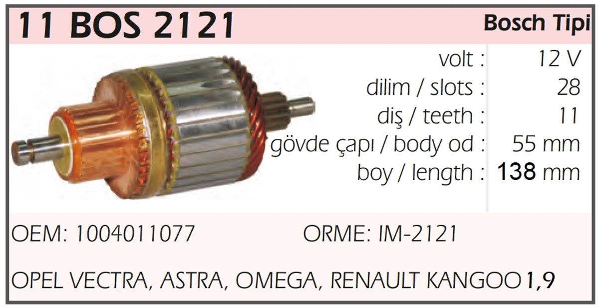 Marş Kollektörü 12V Opel Astra Vectra 55X138x11 Im2121 Im2123