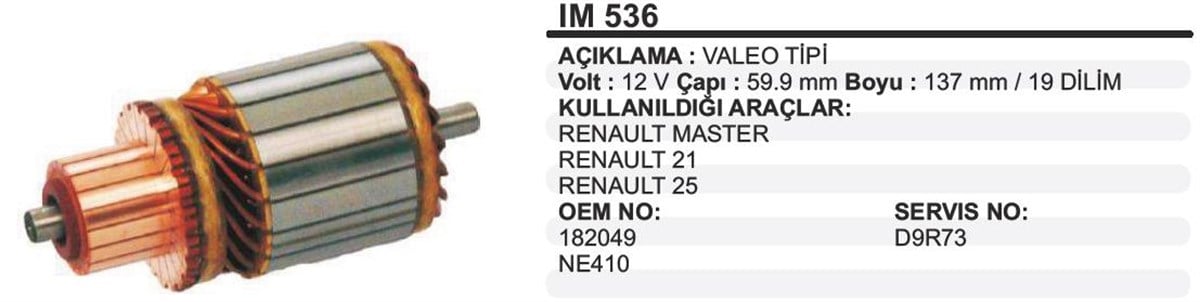 Marş Kollektörü 12V Renault Master R21 R25 Freze Diş Yok Düz Mil Peugeot J9 2 3 2 1 59 9X137