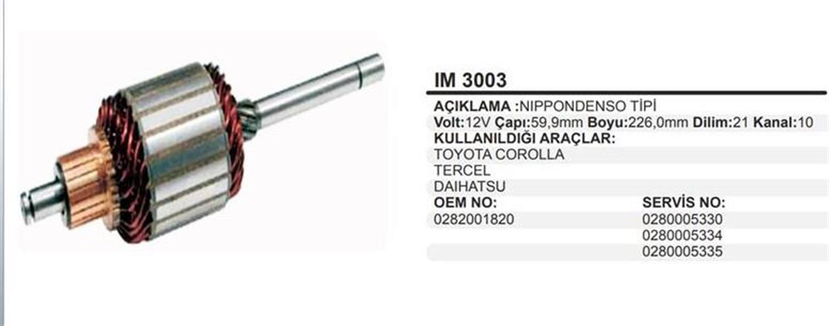 Marş Kollektörü 12V Toyota 59 9X226x10 Im3003 | Martek Im3003