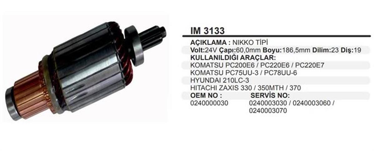 Marş Kollektörü 24V 9Diş Kavasaki İş Makınası Jcb Kobelko 60*187*9 Im3133
