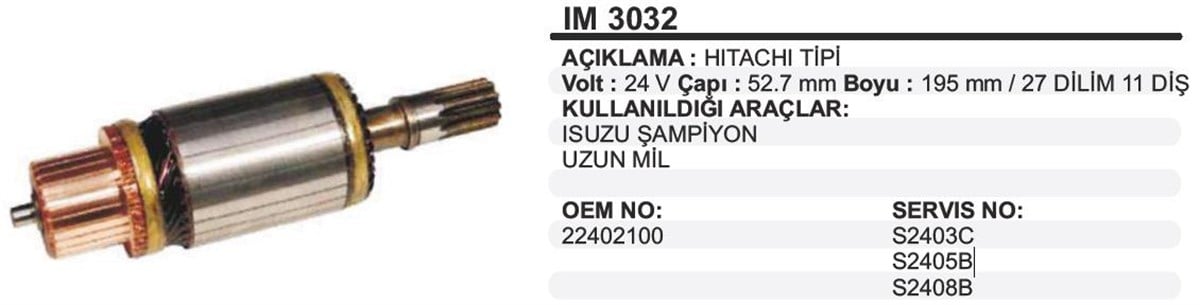 Marş Kollektörü 24V Champion 52 7X195x11 Im3032