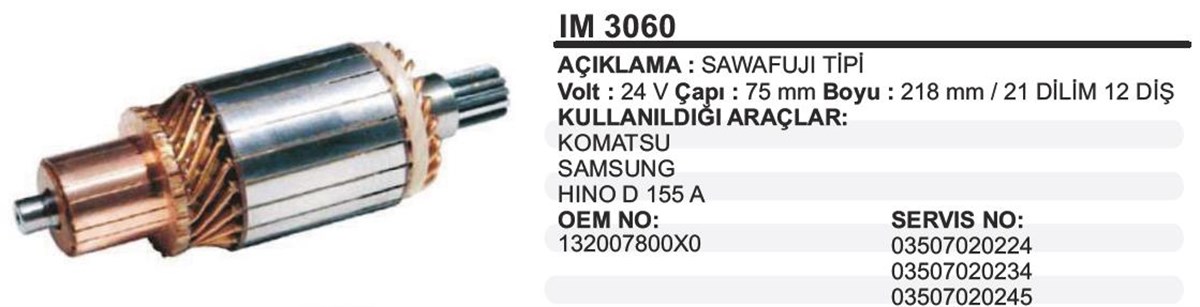 Marş Kollektörü 24V Hino Samsung 75X218x12 Im3060