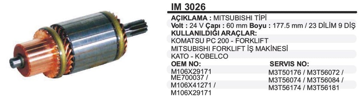 Marş Kollektörü 24V Kata Kobelko Komatso Pc200 Forklift İş Makınasi 60X178x9 Im3026