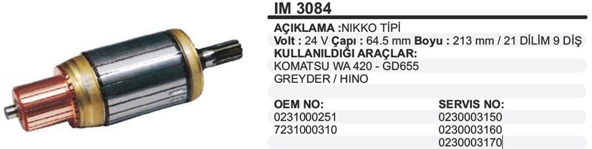 Marş Kollektörü 24V Komats Pc400 24V 64 5X213x9