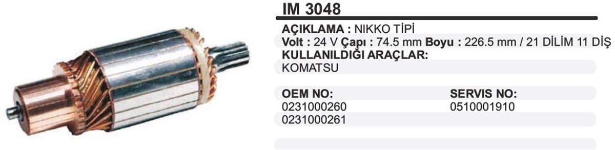 Marş Kollektörü 24V Komatsu 74 5X226 5X11 Im3048