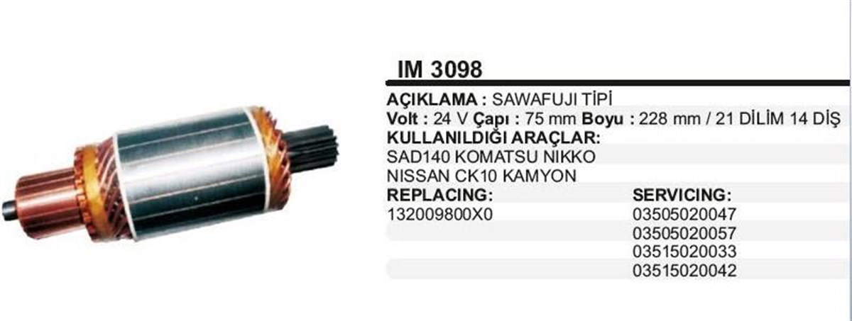 Marş Kollektörü 24V Komatsu Nikko Kawasaki Sawafujı Tıpı Sad 140 Komatsu Nikko Nissan Ck 10 Kamyon