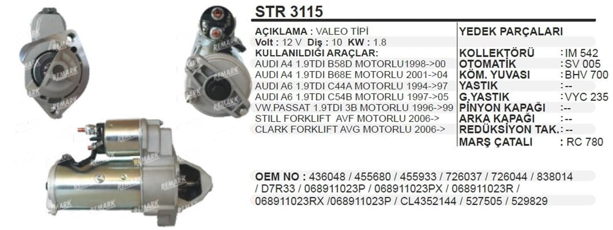 Marş Motoru 12V 10Diş Audi Vw A6/Passat 1 9 Tdı D7r Str3115 Wutse 17977N