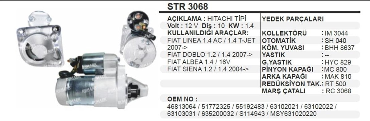 Marş Motoru 12V 10Diş Fıat Albea 1 4 Benzinli 1,4 Lınea Doblo Albea Sıena 1,3 Jtd 1,4Kw