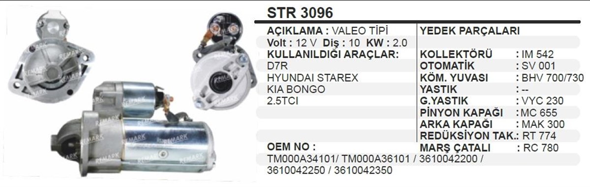 Marş Motoru 12V 10Diş Hyundai Starex 10Diş D7r Kia Kısa Burun Tr3096