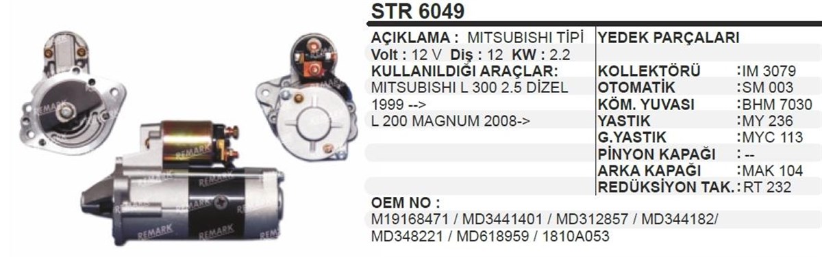 Marş Motoru 12V 10Diş Mıtsubıshı Ym Str6049 Uzun Burun Dişli Önde