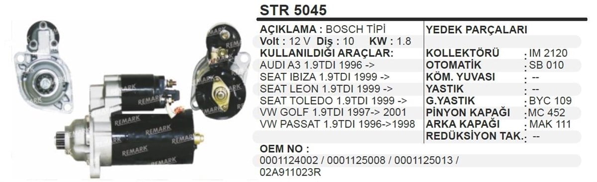 Marş Motoru 12V 10Diş Vw Caddy Octavıa 1,9