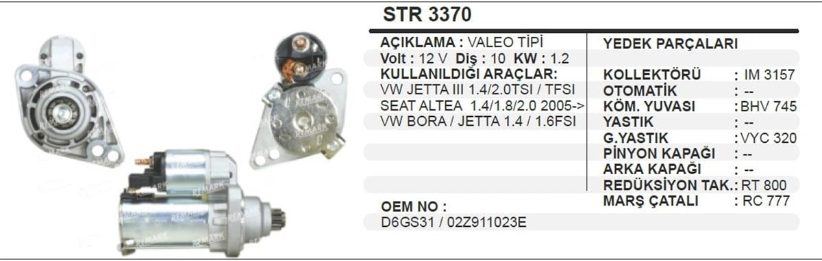 Marş Motoru 12V 10Diş Vw Jetta Seat 06 Str3370