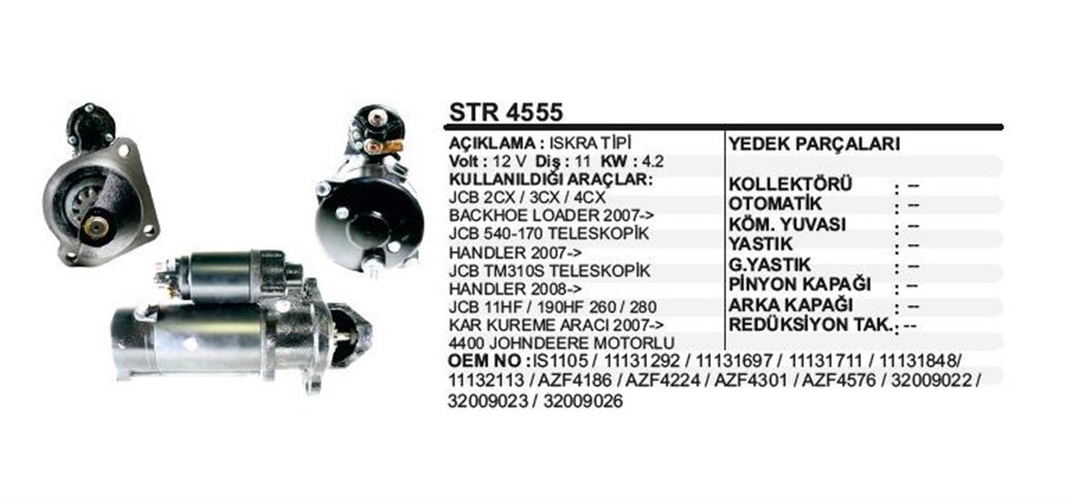 Marş Motoru 12V 11Diş Jcb 540 170 Loader Iskra Jcb Kar Aracı Loader Jcb Johndeere Johndere Johondere Is1105