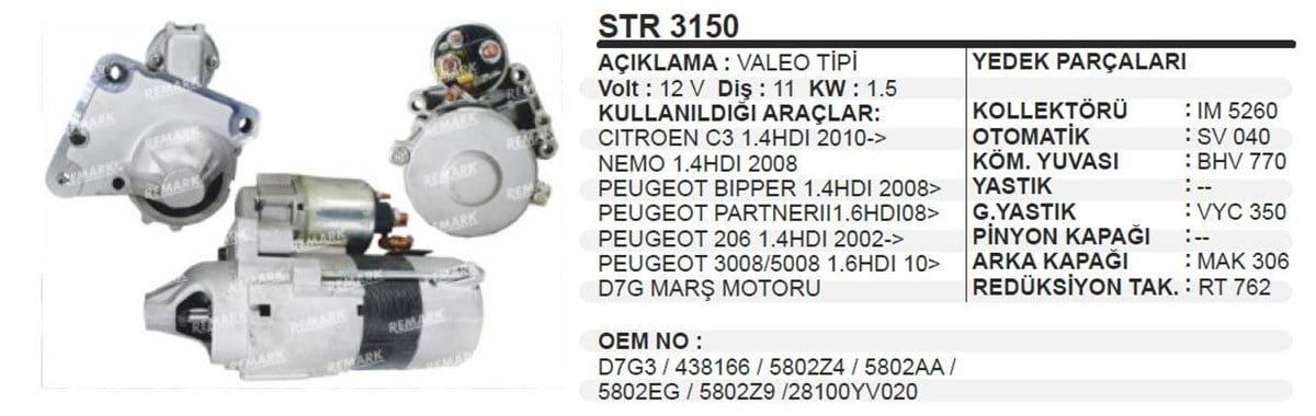 Marş Motoru 12V 11Diş Pejo Cıtroen 207 3008 5008 Valeo 438133