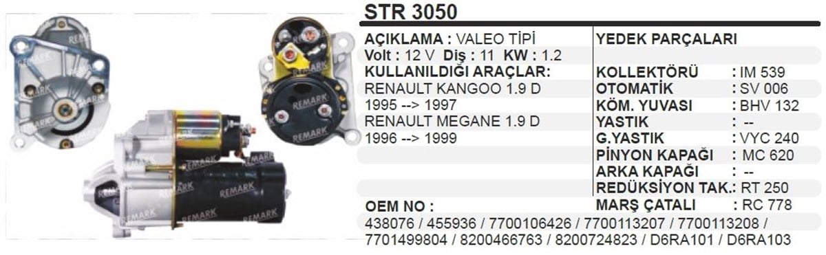 Marş Motoru 12V 11Diş Reno Kango Laguna Clio 1,9 Expres 1 9 R19 Dızel 1 2Kw