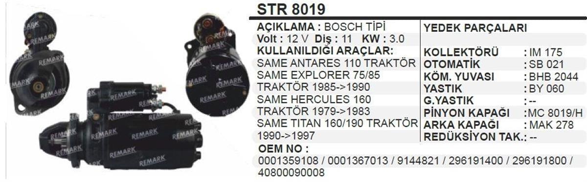 Marş Motoru 12V 11Diş Same Traktör Hercules Explorer 75 85 | Remark Str8019