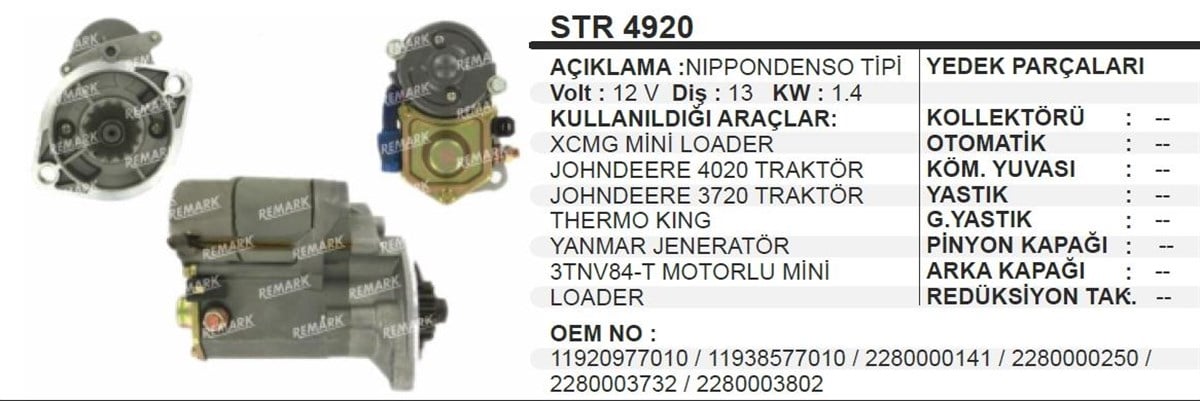 Marş Motoru 12V 13Diş Yanmar Termoking Johndeere Traktör Thermoking Jeneratör Mini Loader Kepçe Johndeere Johndere
