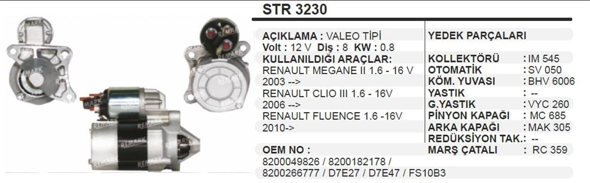 Marş Motoru 12V 8Diş Clio3 Megan2 06 Str3230