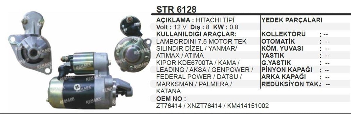 Marş Motoru 12V 8Diş Jeneratör Ters Dönüş Patpat Pancar Yanmar Engıne / Cın Malı Forklift Cw S114 Bomak İş Makinası