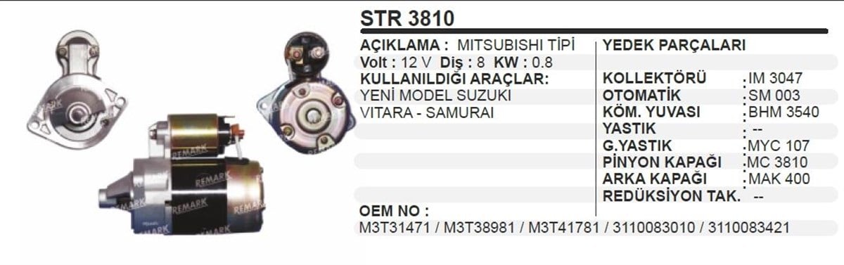 Marş Motoru 12V 8Diş Suzuki Alto Vitara Samurai Str3810