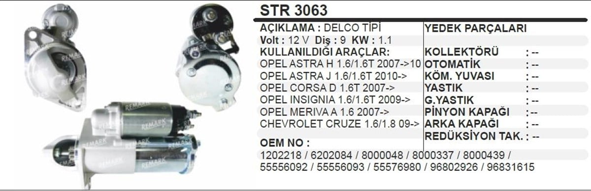 Marş Motoru 12V 9Dis 1 2 Kw Delco Tip Opel Astra G H J İnsignia 1 6 04 Chevrolet Cruze 1 6 09