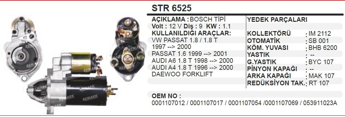 Marş Motoru 12V 9Diş Audi 80 100 A4 Str6525