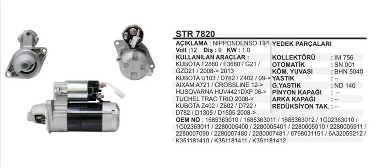 Mars Motoru 12V 9Diş Denso Tip Kubato Aıxam Husqvarna Tuchel Motor 2280007480 1685363010 K351181412