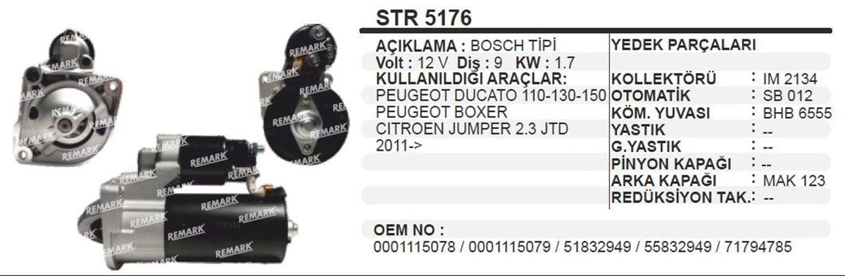 Marş Motoru 12V 9Diş Ducato Boxer 2011 Otokar Jest Fıat Ducato Boxer 2,3Jtd 11
