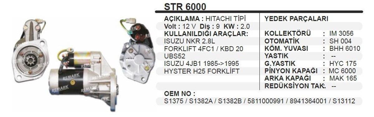 Marş Motoru 12V 9Diş Hıtachı Tıpı Isuzu Nkr Forklıft 4Jb1 Hyster H25 Forklıft 2 0Kw