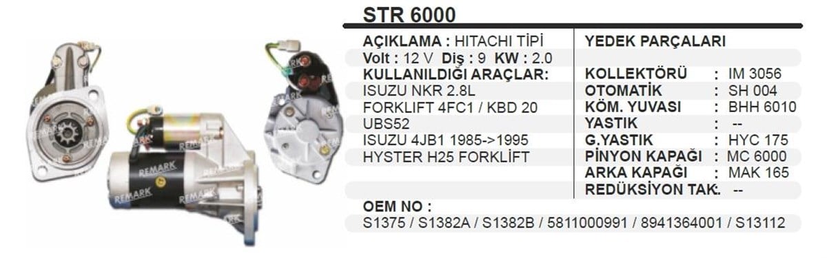 Marş Motoru 12V 9Diş Isuzu Forklift Isuzu Nkr Komatsu Hyster Forklıft Kbd20 2 Kulak Açık Pinyon