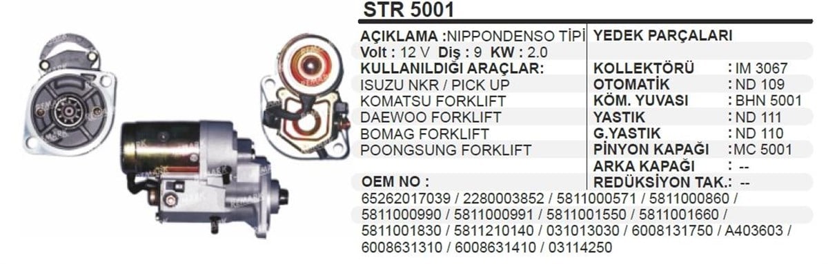 Marş Motoru 12V 9Diş Isuzu Komats Forklift