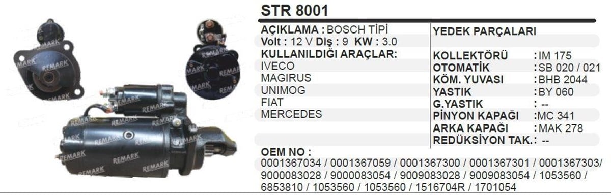 Marş Motoru 12V 9Diş Iveco Unımog Magırus Mercedes Fıat Str8001