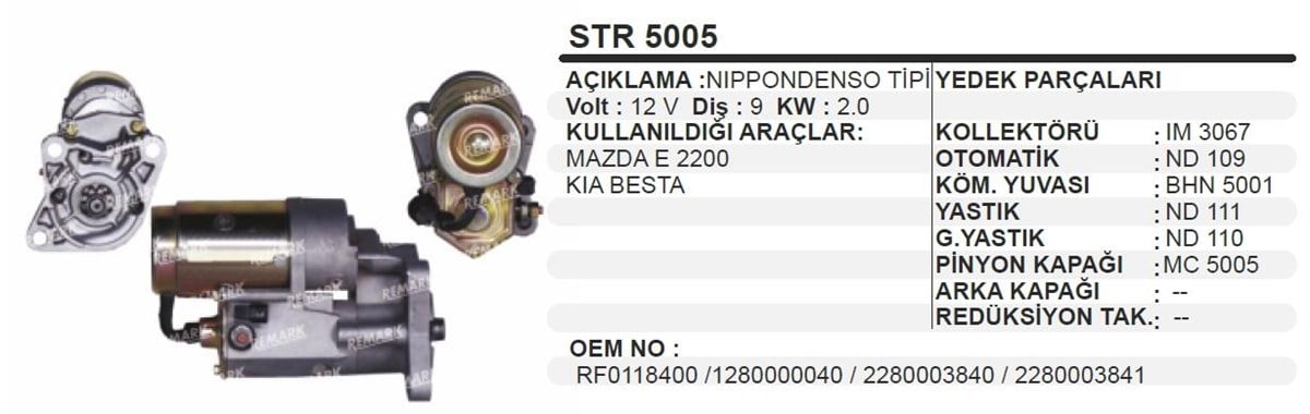 Marş Motoru 12V 9Diş Mazda E2200 B2200 Kia Besta Kia Sportage