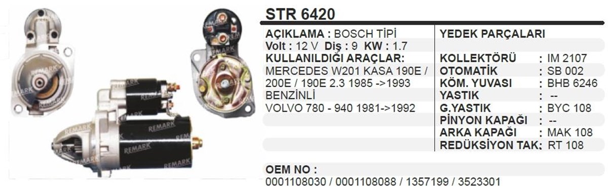 Marş Motoru 12V 9Diş Merc 190 200E 85 Volvo Penta
